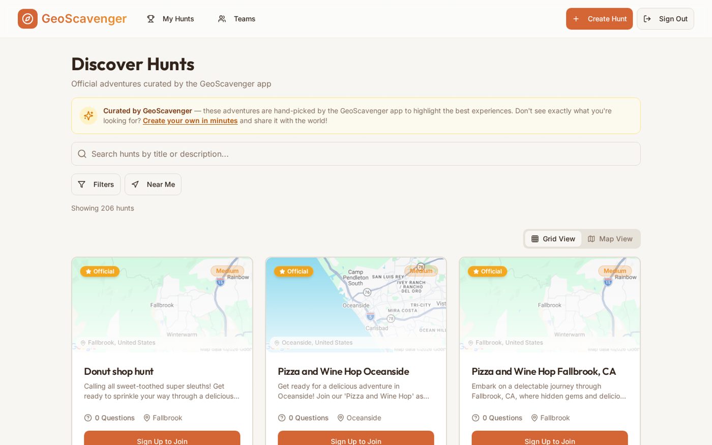 Discover hunts: map previews, near-me search