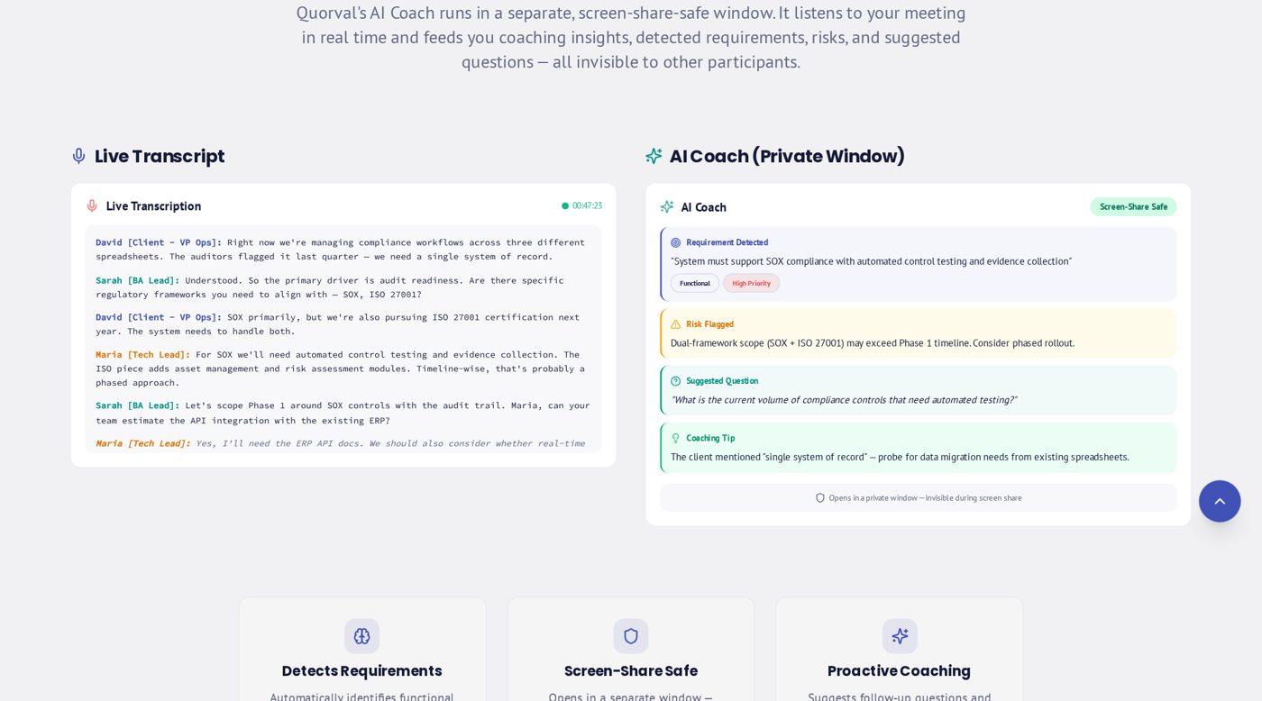 Live transcript with the private AI coach, which catches requirements and risks during the call